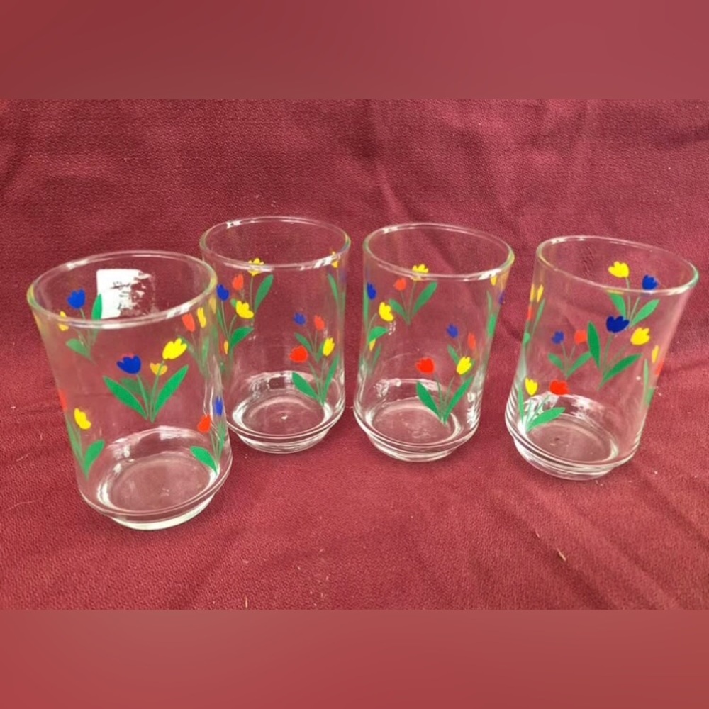 Libbey Jubilee Vintage 70s Tulip Glasses Primary Colors 3.5”~ 5 oz. Set Of 4